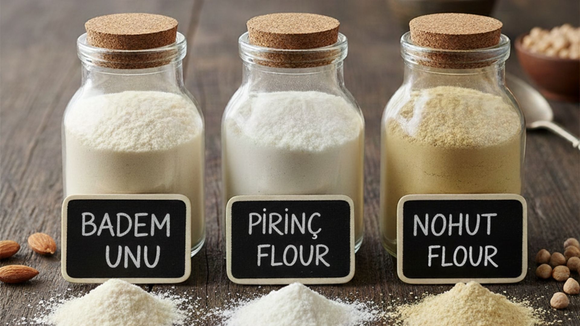 Karabuğday unu, badem unu ve kinoa unu gibi farklı glutensiz un türleri